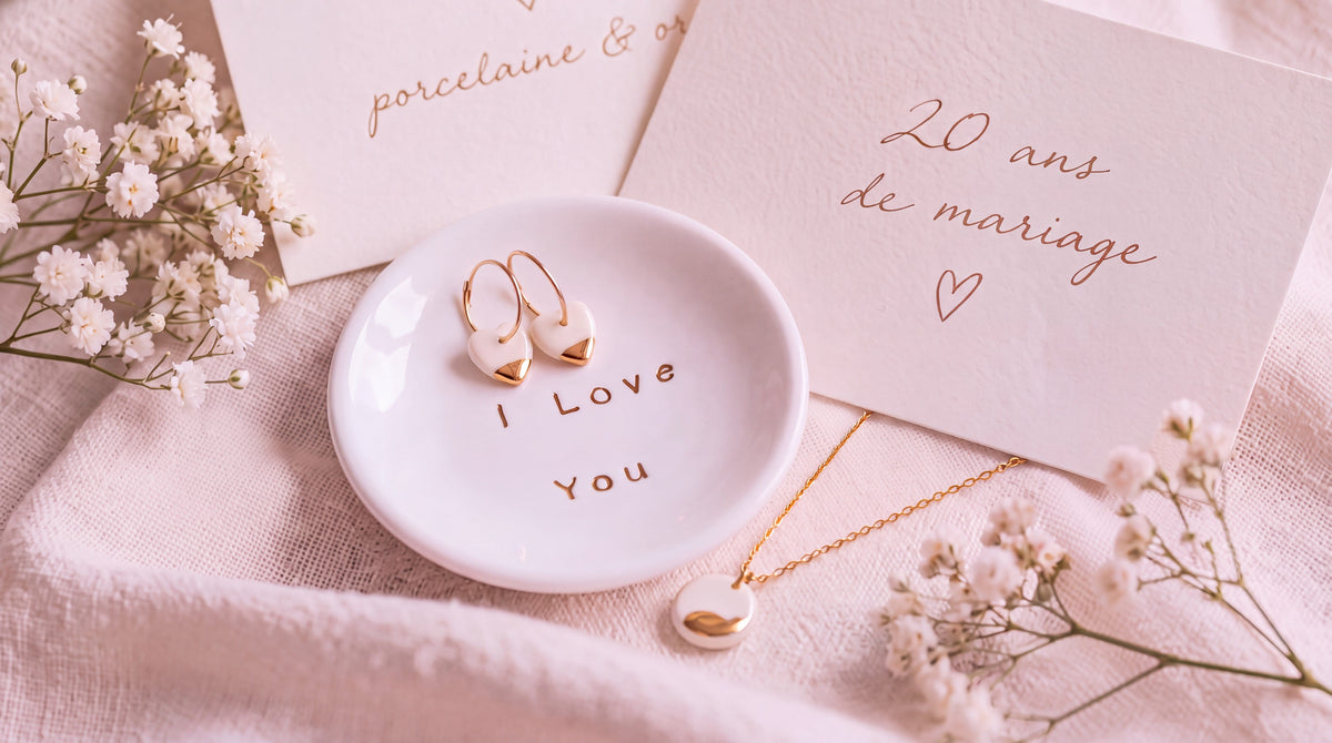 20 ans de mariage, noces de porcelaine : coupelle et bijoux dans une ambiance romantique Image