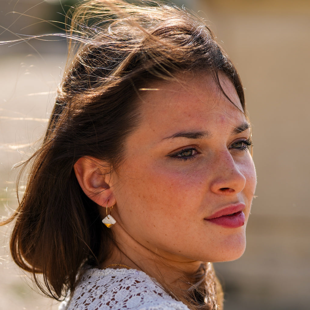 Créoles Carrés en Porcelaine Blanche et Or