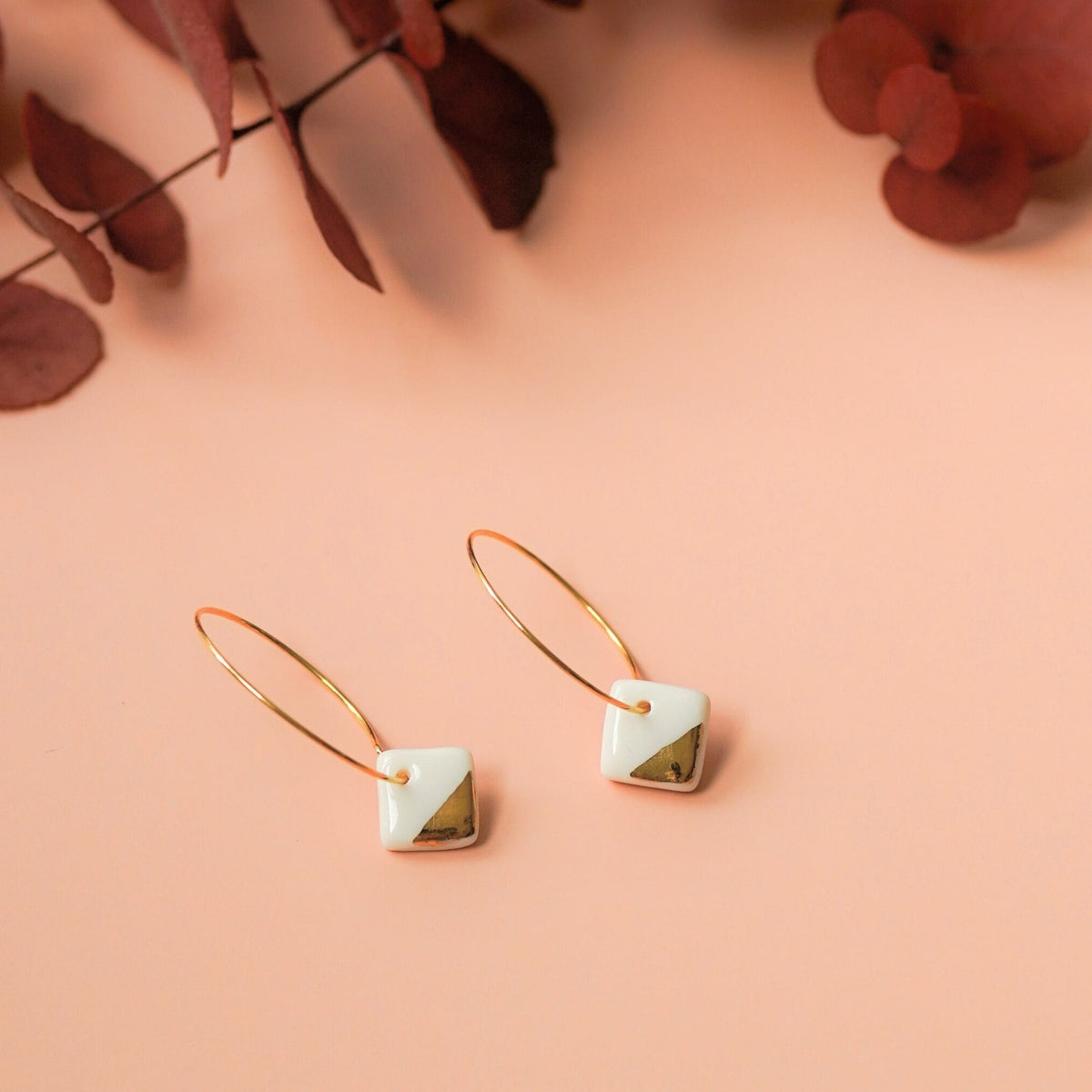 Créoles Carrés en Porcelaine Blanche et Or