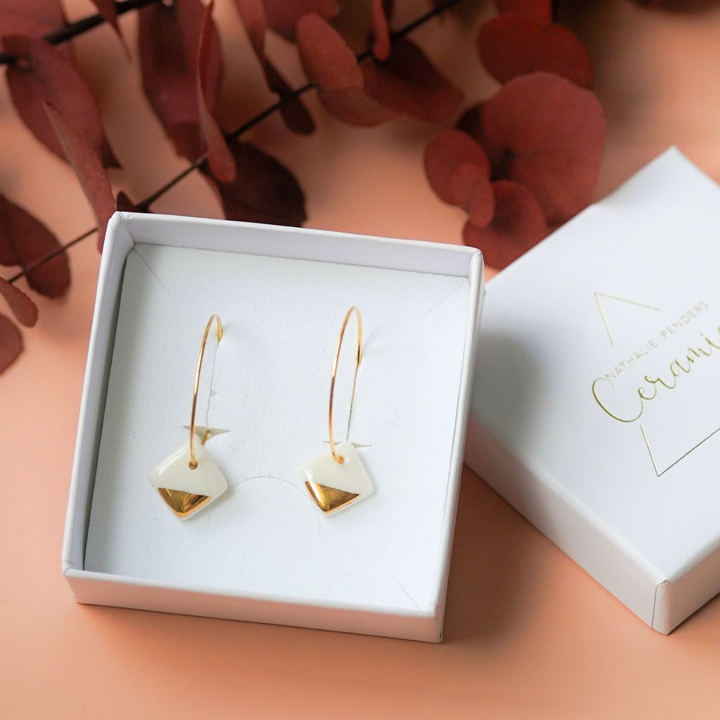 Créoles Carrés en Porcelaine Blanche et Or