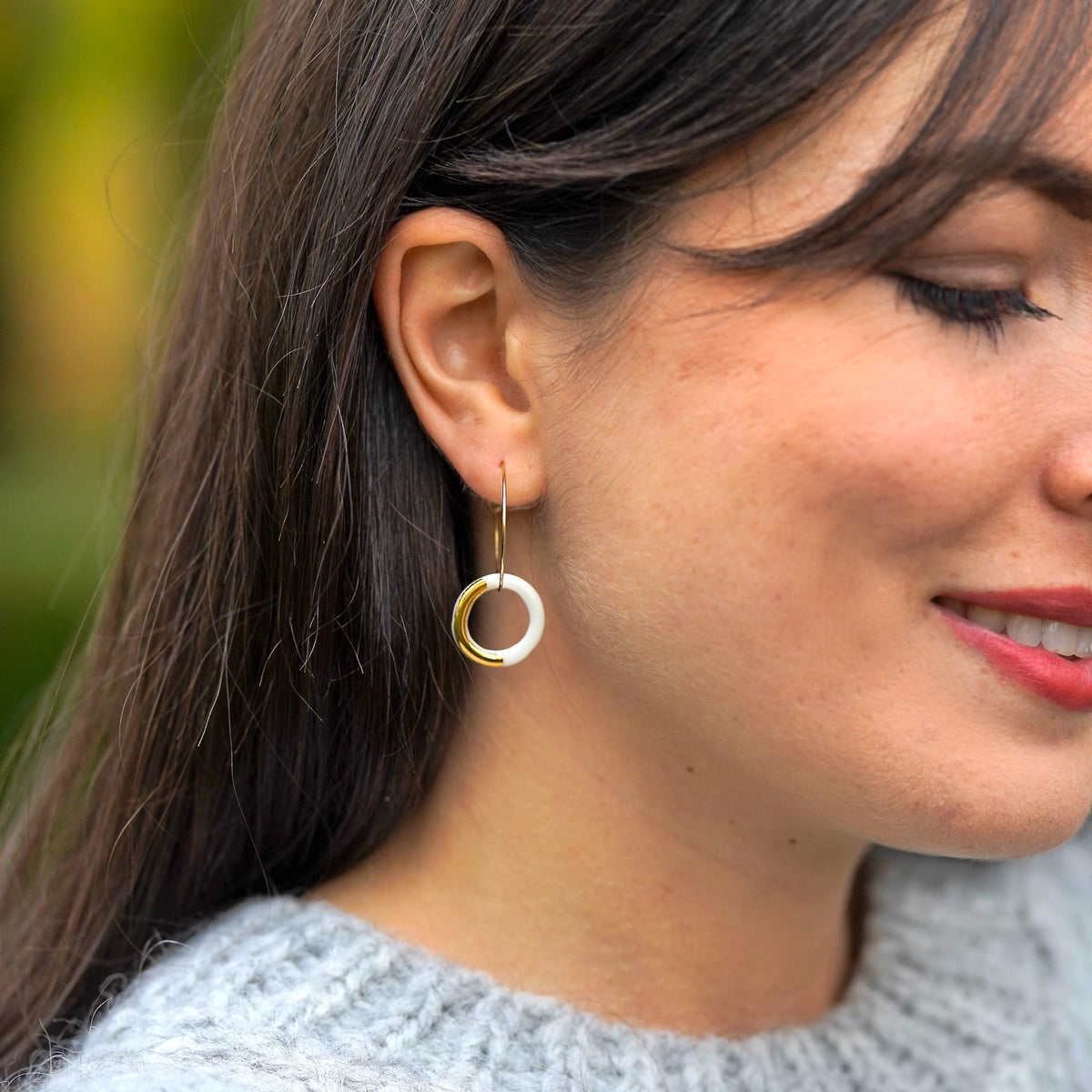 Créoles Cercle en Porcelaine Blanche et Or