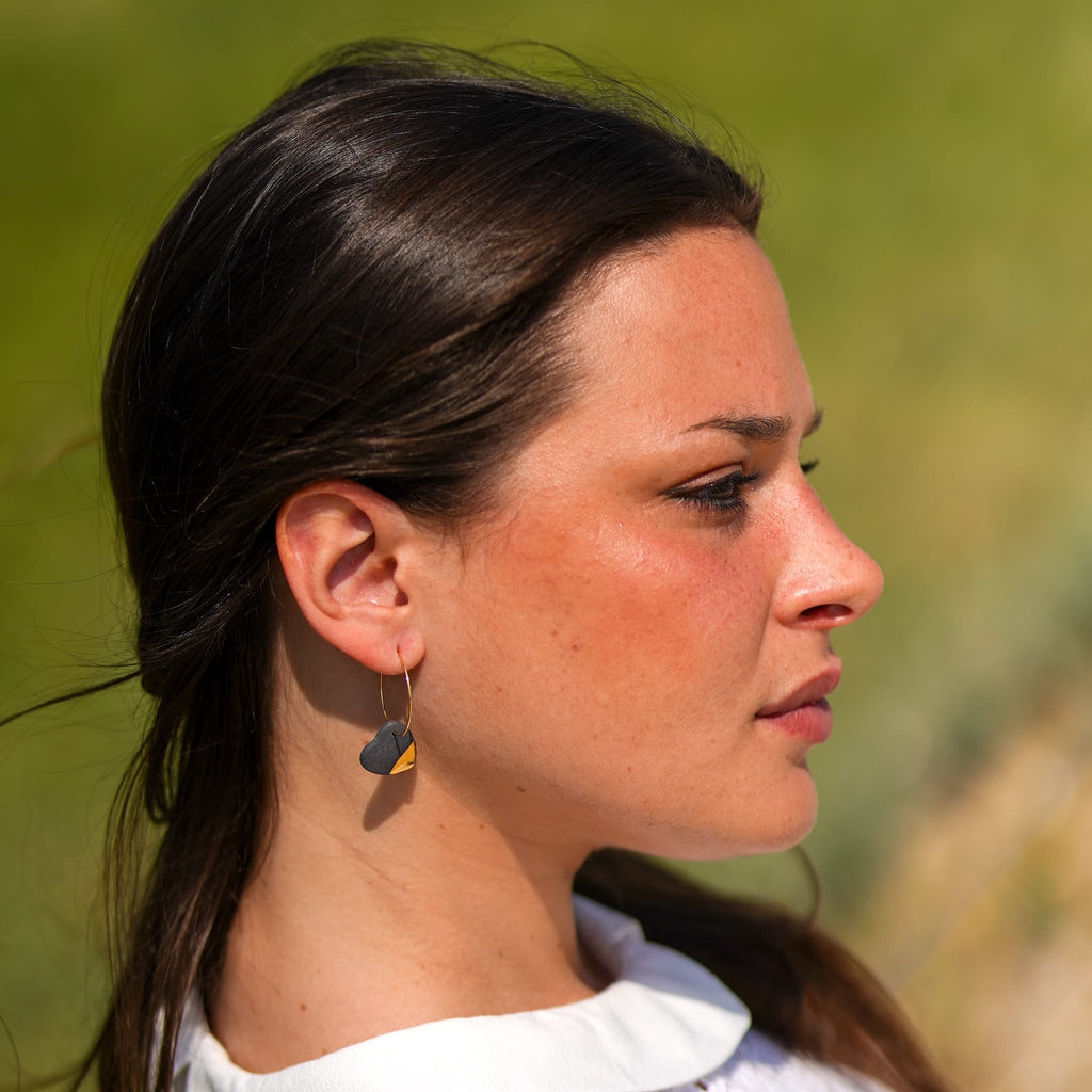 Créoles Grands Coeurs en Porcelaine Noire et Or