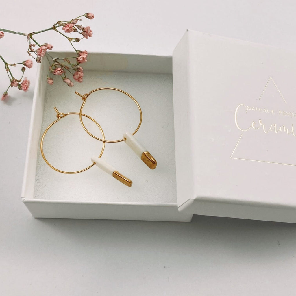 Créoles Lingots en Porcelaine Blanche et Or