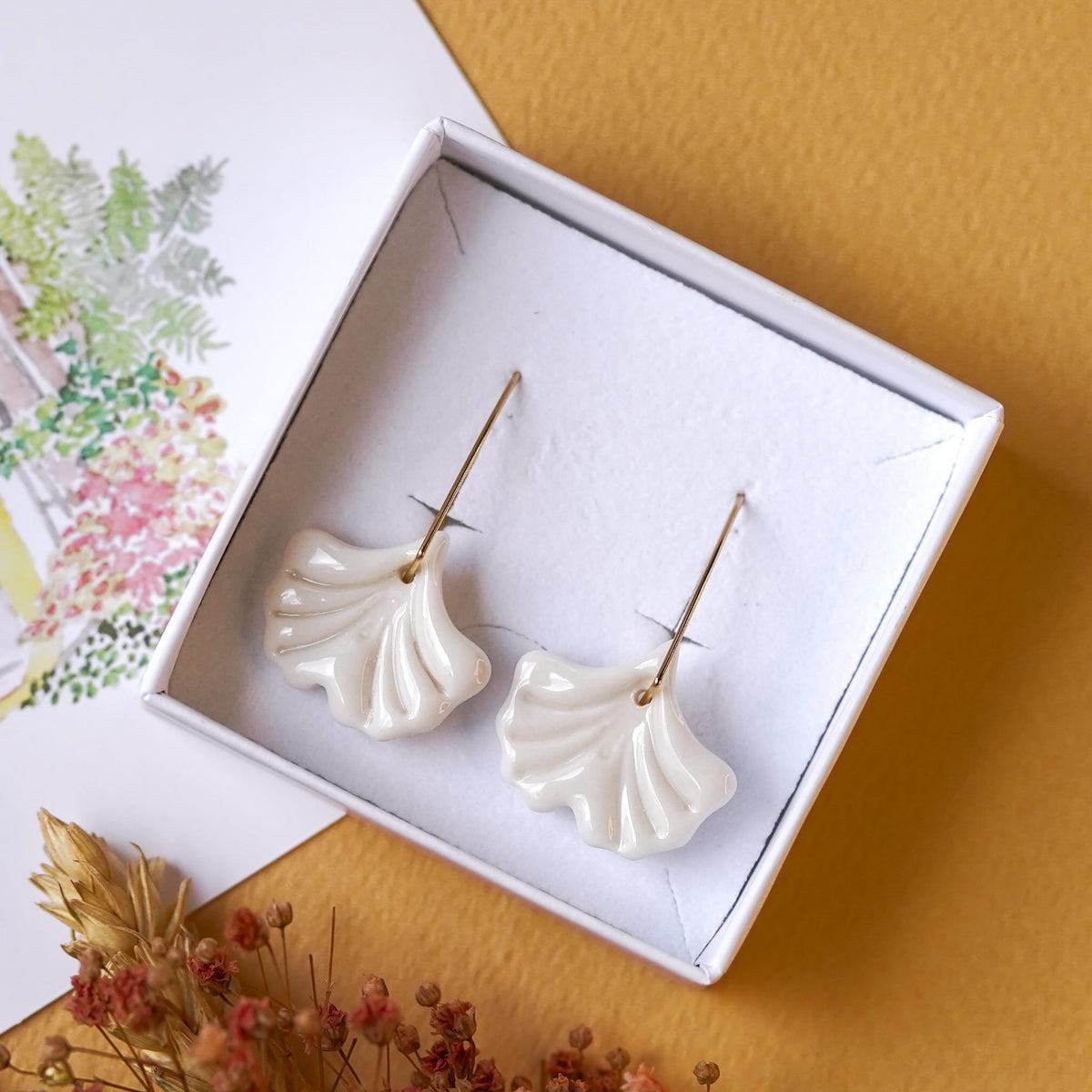 Dormeuses Ginkgo en Porcelaine Blanche