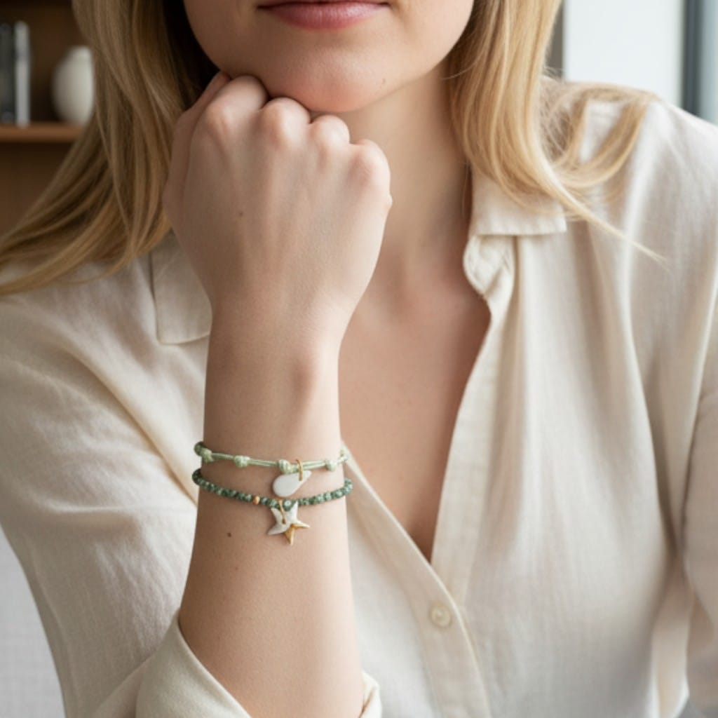 Bracelet cordon turquoise et pendentif en porcelaine blanche – ajustable porté au poignet