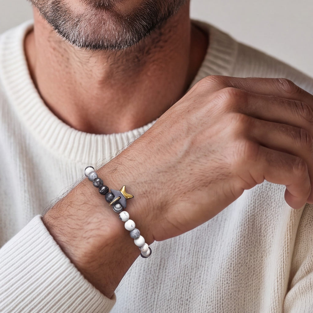 Bracelet homme en jaspe araignée et pendentif en porcelaine