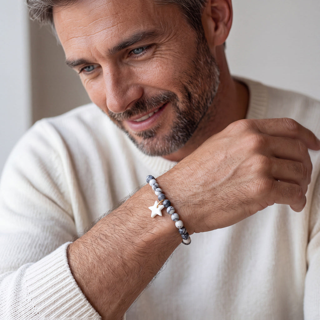 Bracelet homme en jaspe araignée et pendentif en porcelaine