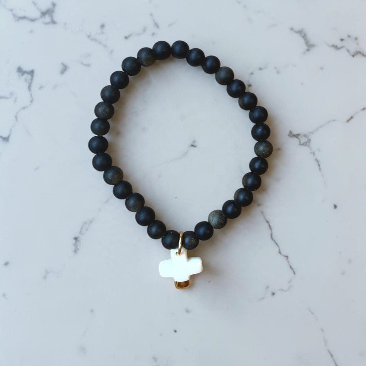 Bracelet homme en obsidienne dorée mate et porcelaine