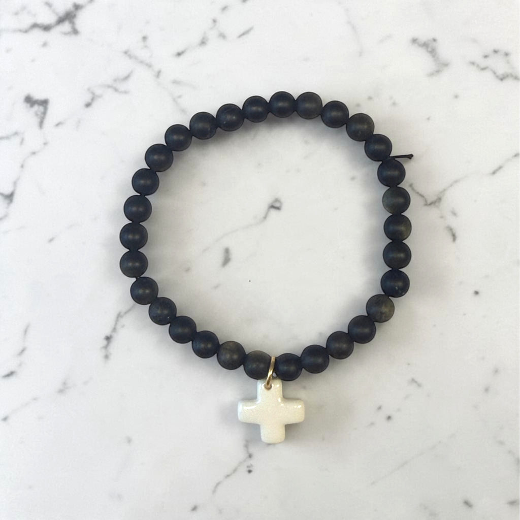 Bracelet homme en obsidienne dorée mate et porcelaine
