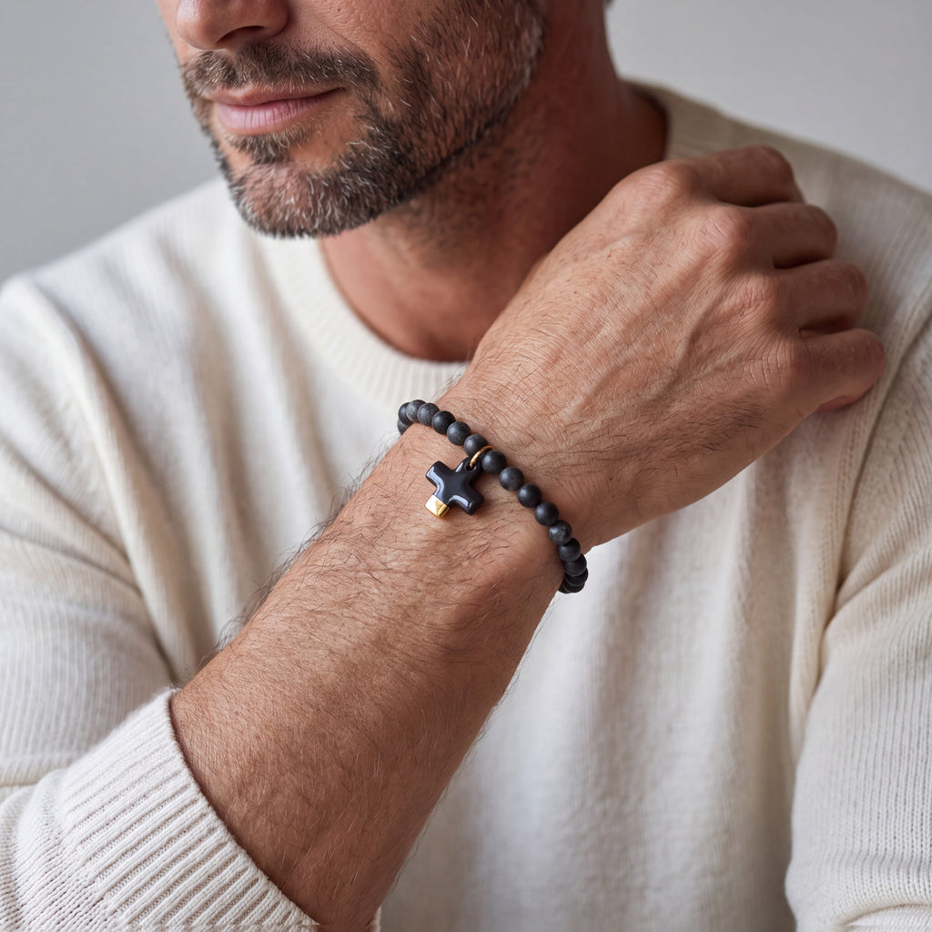 Bracelet homme en obsidienne dorée mate et porcelaine