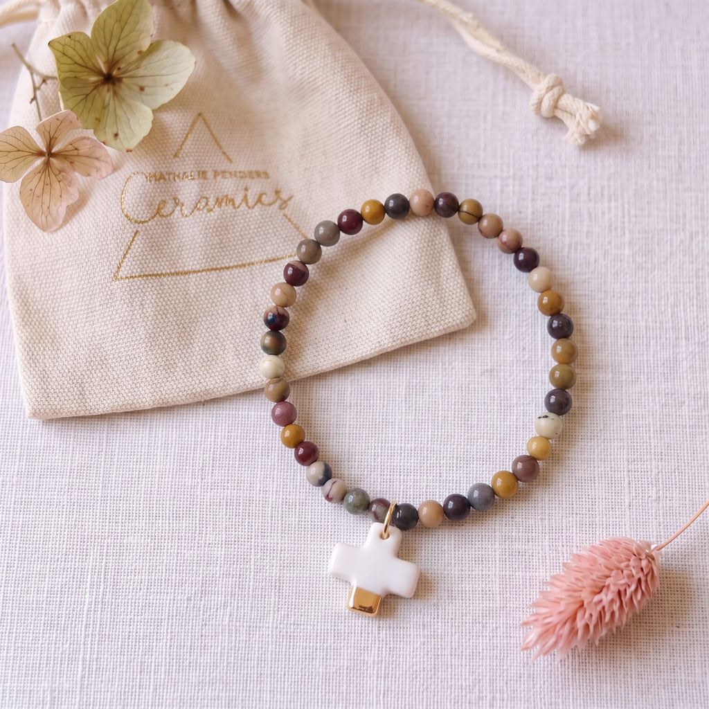 Bracelet en jaspe mokaïte et pendentif en porcelaine fait main
