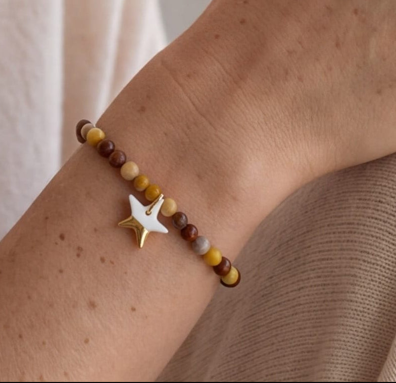 Bracelet en jaspe mokaïte et pendentif en porcelaine fait main