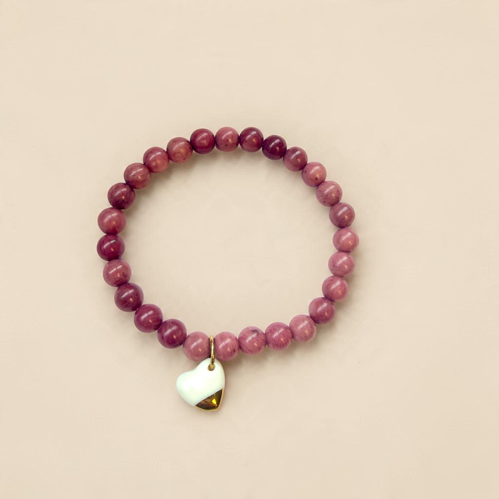 Bracelet en jaspe rose et pendentif en porcelaine fait main