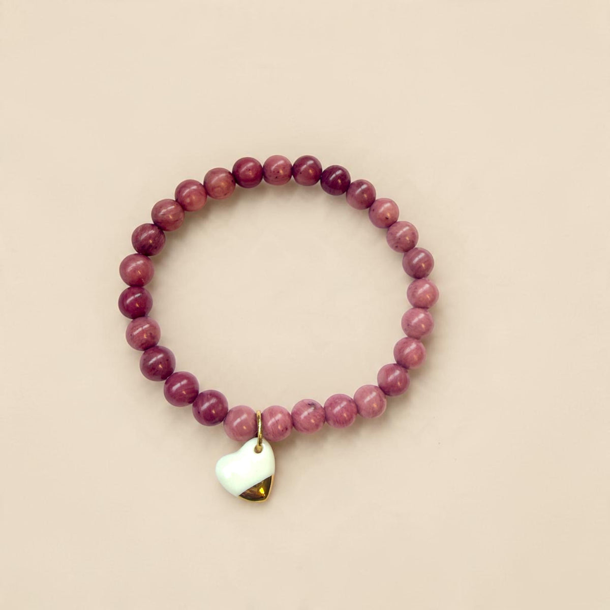 Bracelet en jaspe rose et pendentif en porcelaine fait main