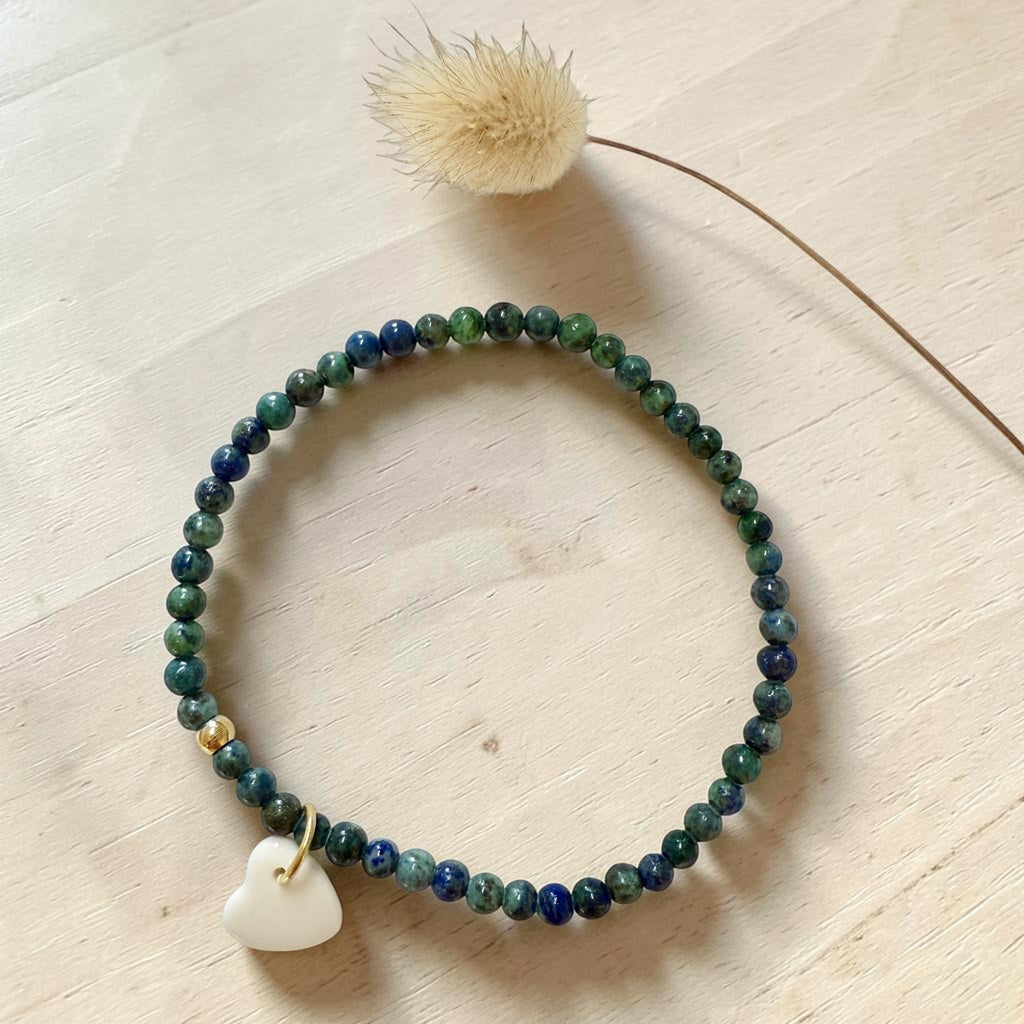 Bracelet perles vert et bleu et pendentif en porcelaine – fait main, bijou élégant minimaliste