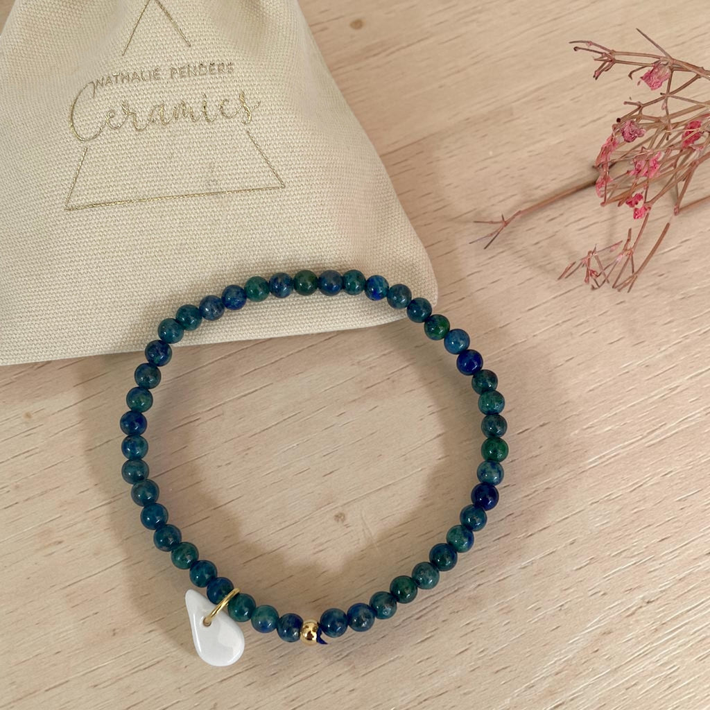 Bracelet perles vert et bleu et pendentif en porcelaine – fait main, bijou artisanal français