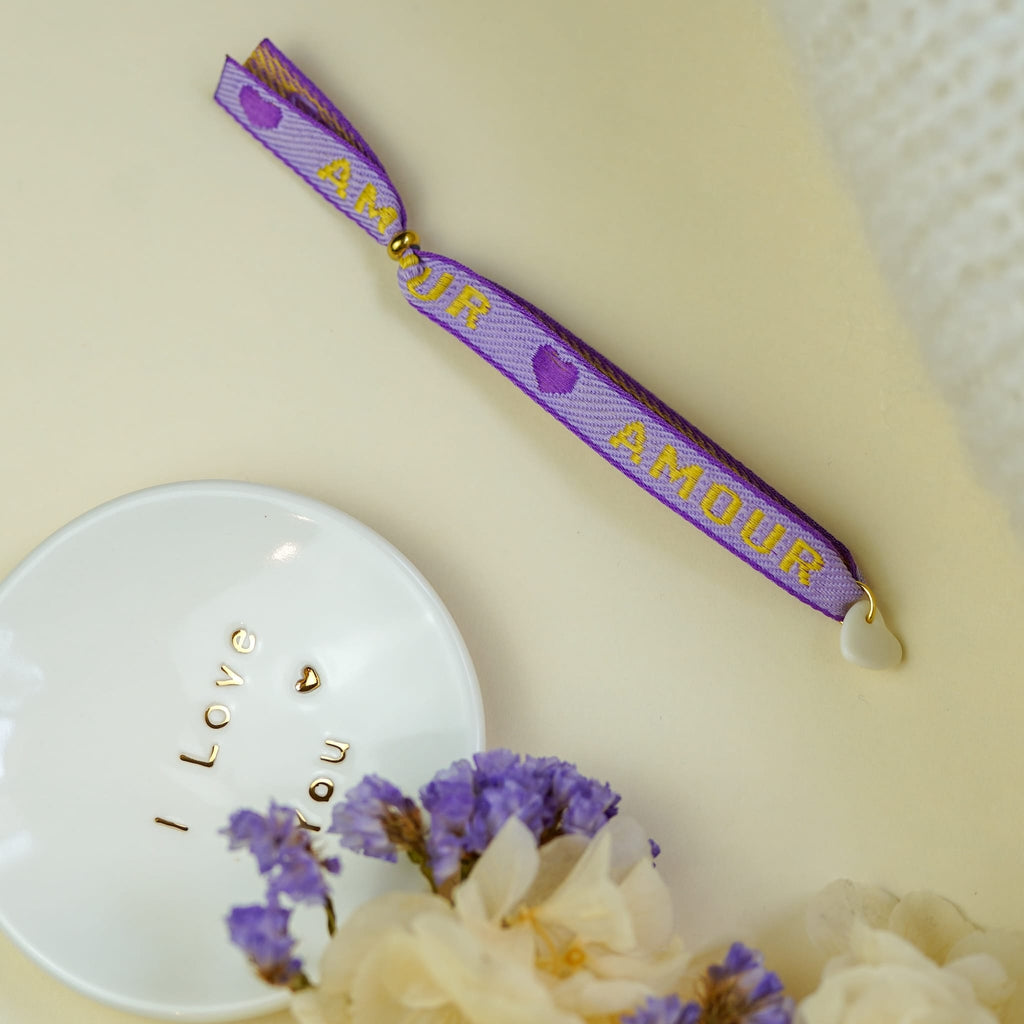Bracelet ruban Amour et pendentif en porcelaine – ajustable violet fait main bijou France