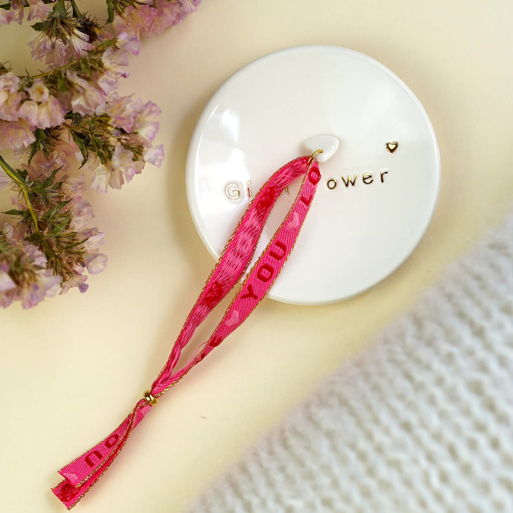 Bracelet ruban I love you et pendentif en porcelaine – ajustable