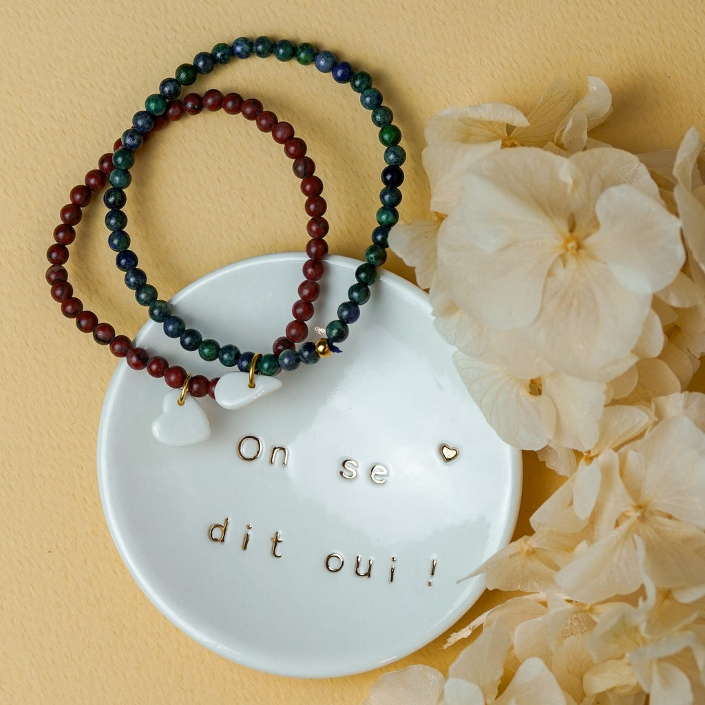 Bracelet perles vert et bleu et pendentif en porcelaine – fait main