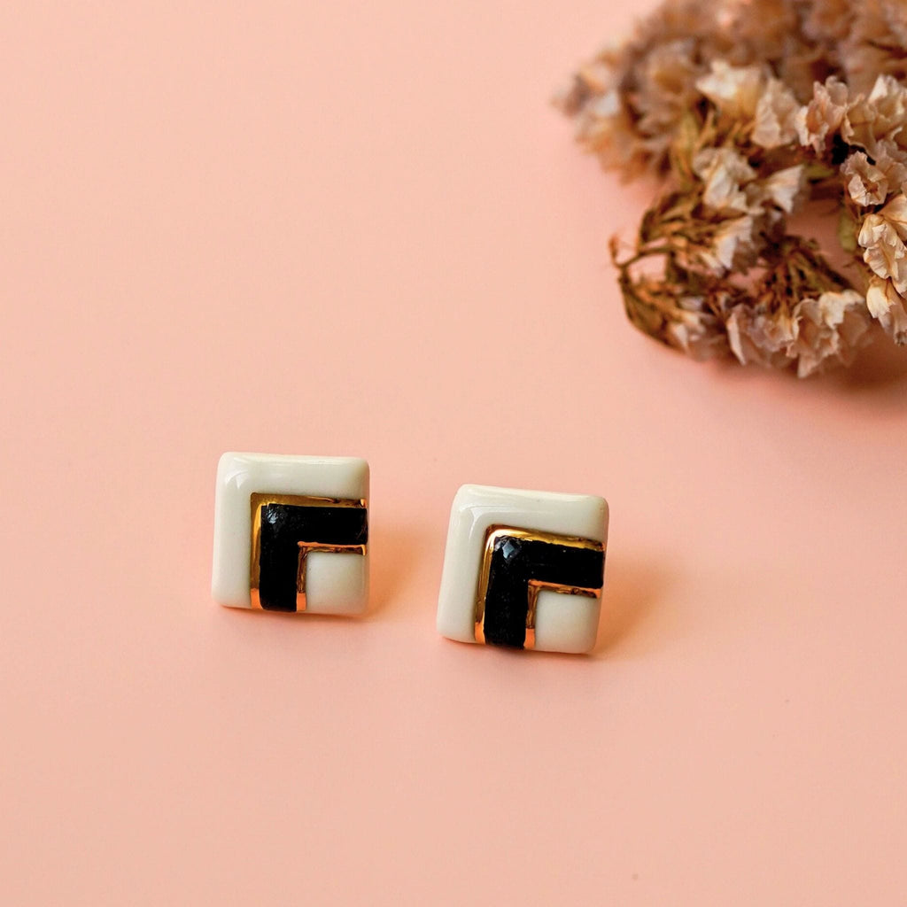 Puces Double Carré Noir – Porcelaine et or