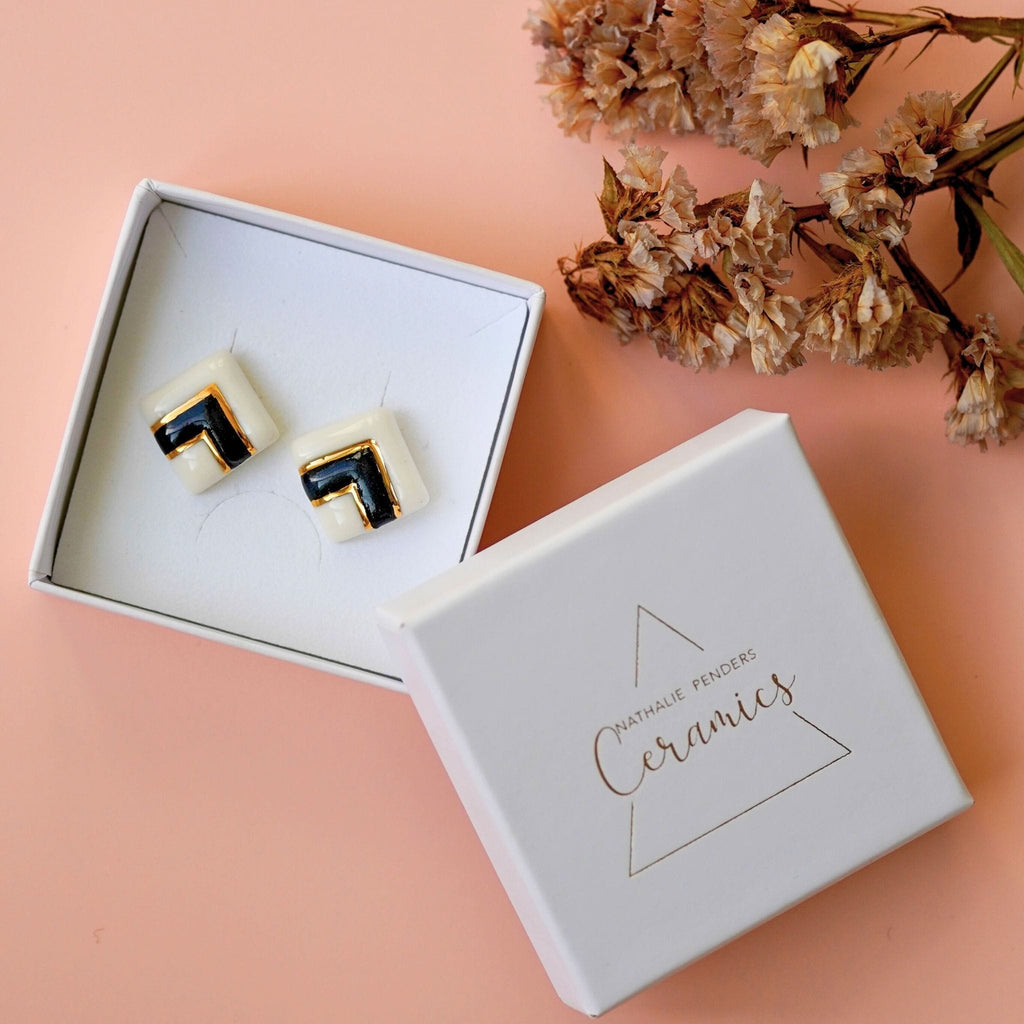 Puces Double Carré Noir – Porcelaine et or