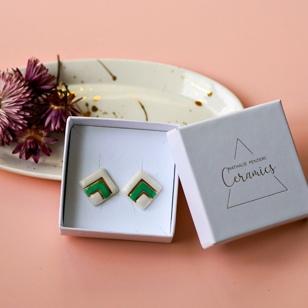 Puces Double Carré Vert – Porcelaine et or