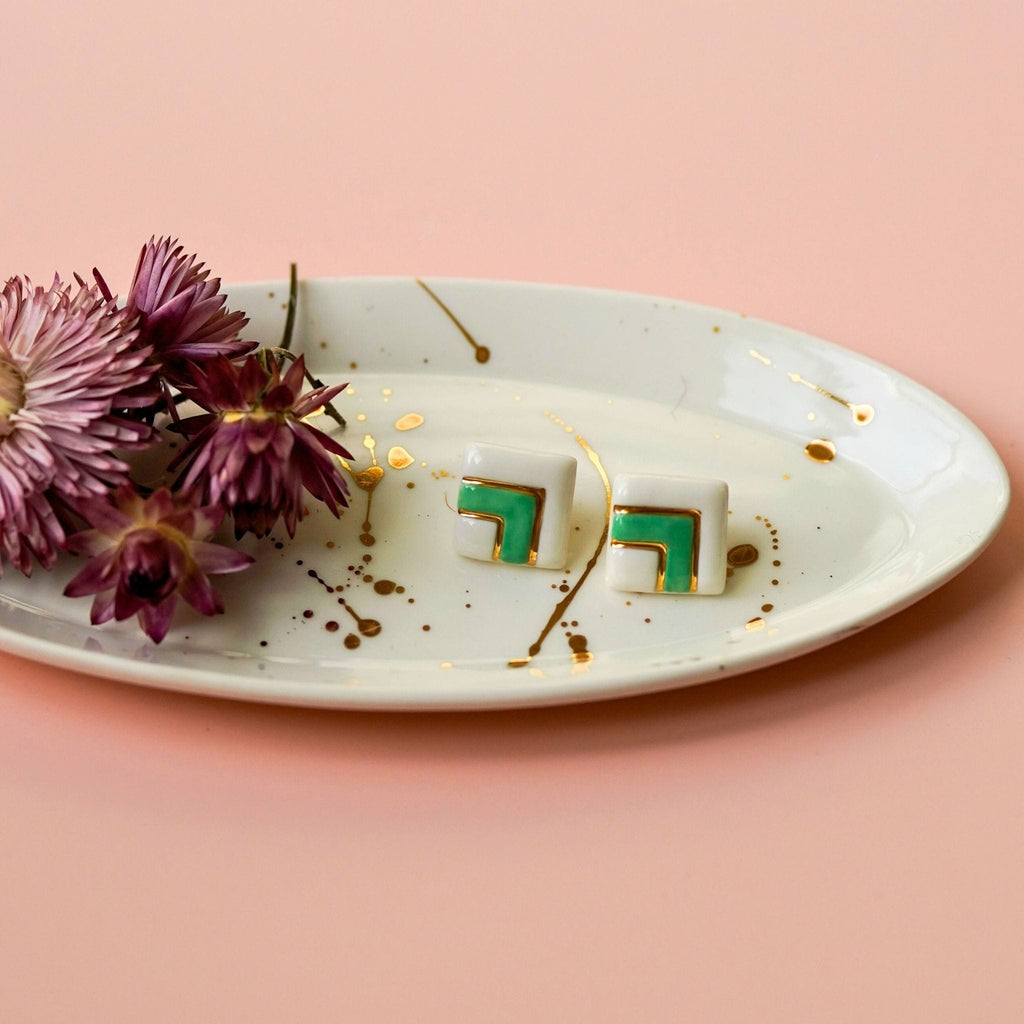Puces Double Carré Vert – Porcelaine et or